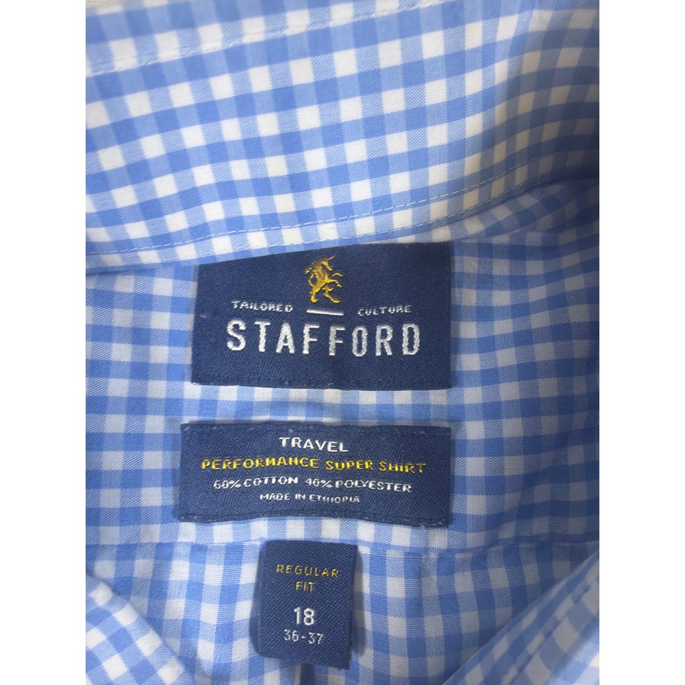 Stafford Mens Blue Gingham Travel Performance Super Shirt 18 36-37 Regular Fit - Picture 3 of 8